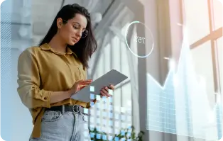 Woman holding a tablet and looking at SEO data